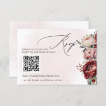 Elegant Boho Burgundy Blush Floral QR CODE RSVP Card