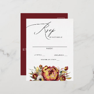 Elegant Boho Burgundy Blush Floral RSVP Foil Invitation Postcard
