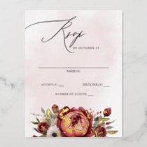 Elegant Boho Burgundy Blush Floral RSVP Foil Invitation Postcard
