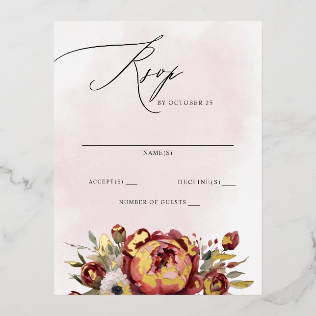 Elegant Boho Burgundy Blush Floral RSVP Foil Invitation Postcard (Front)