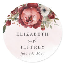 Elegant Boho Burgundy Blush Floral Wedding Classic Round Sticker