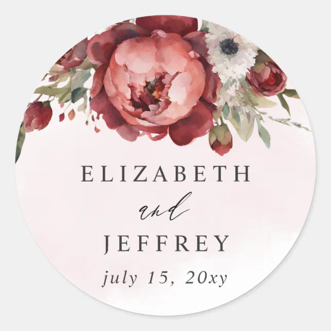 Elegant Boho Burgundy Blush Floral Wedding Classic Round Sticker | Zazzle