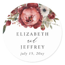 Elegant Boho Burgundy Blush Floral Wedding Classic Round Sticker