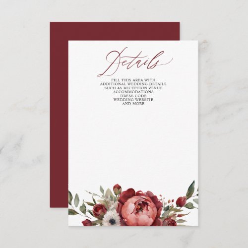 Elegant Boho Burgundy Blush Floral Wedding Enclosure Card