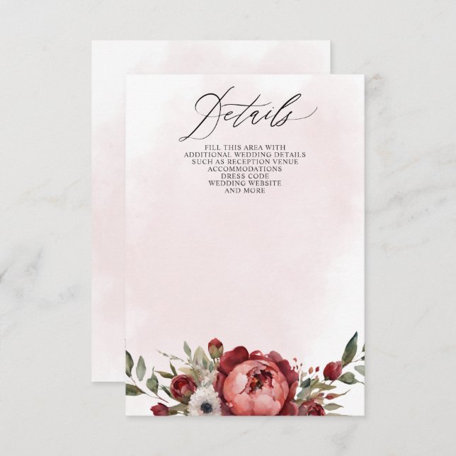 Elegant Boho Burgundy Blush Floral Wedding Enclosure Card (Front/Back)