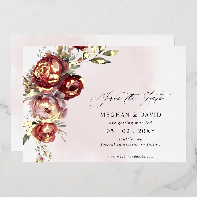 Elegant Boho Burgundy Blush Floral Wedding Foil Invitation (Front/Back)