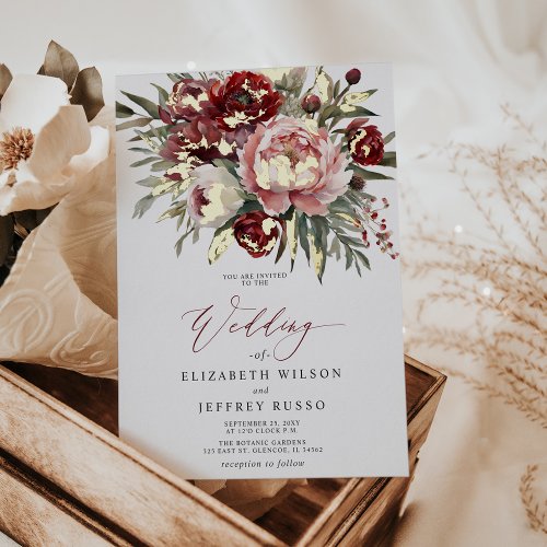 Elegant Boho Burgundy Blush Floral Wedding Foil Invitation