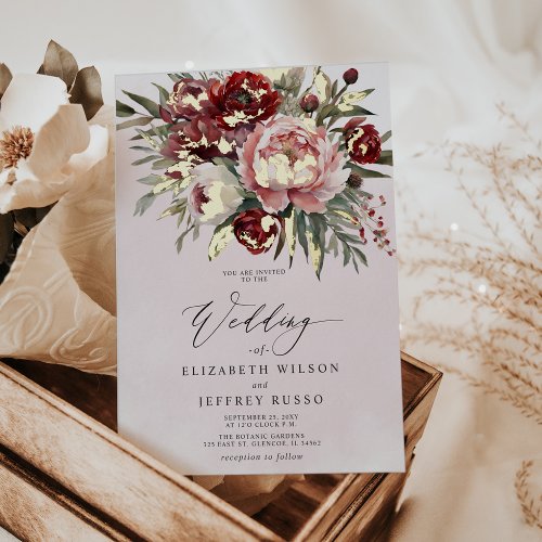 Elegant Boho Burgundy Blush Floral Wedding Foil Invitation
