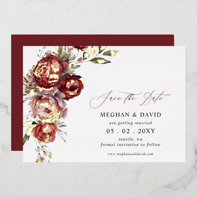Elegant Boho Burgundy Blush Floral Wedding Foil Invitation (Front/Back)