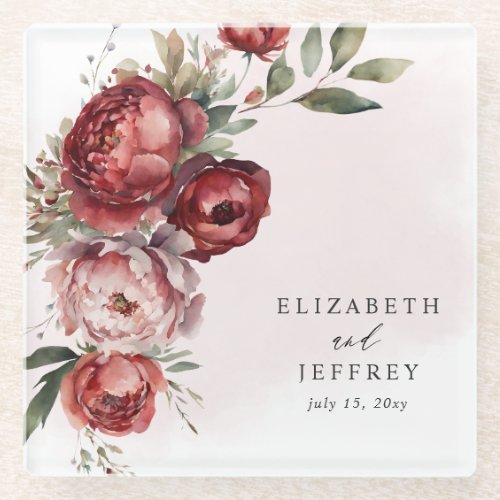 Elegant Boho Burgundy Blush Floral Wedding Glass Coaster