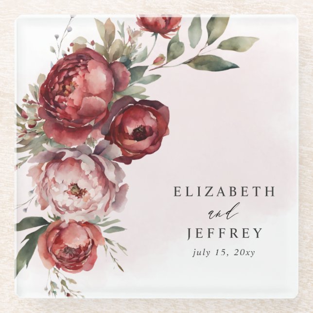 Elegant Boho Burgundy Blush Floral Wedding Glass Coaster (Front)