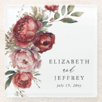 Elegant Boho Burgundy Blush Floral Wedding Glass Coaster