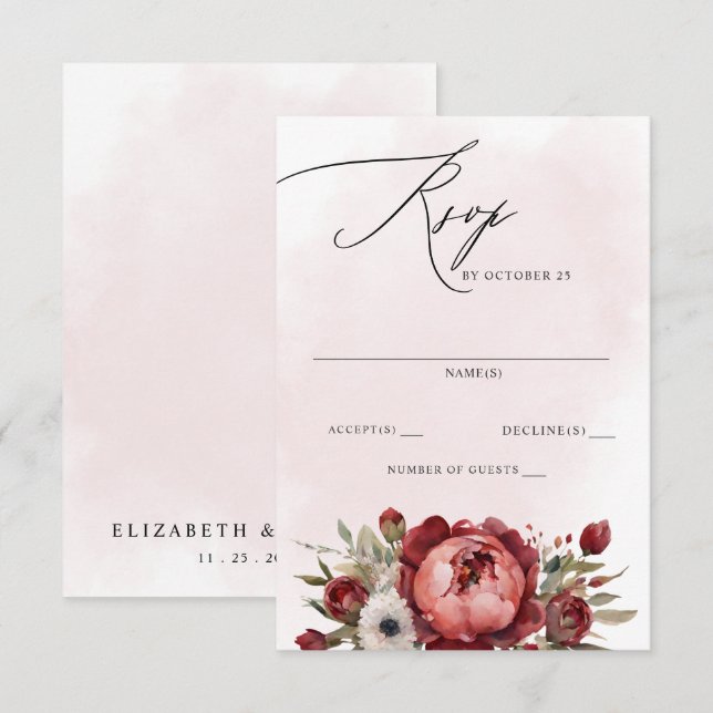 Elegant Boho Burgundy Blush Floral Wedding  RSVP Card (Front/Back)