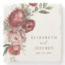 Elegant Boho Burgundy Blush Floral Wedding Stone Coaster