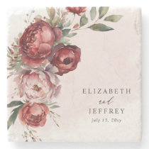 Elegant Boho Burgundy Blush Floral Wedding Stone Coaster