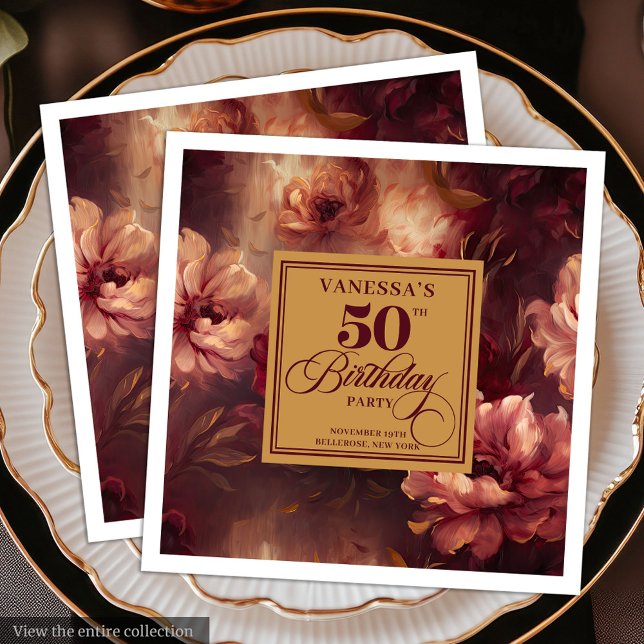 Elegant Boho Burgundy Blush Gold 50th Birthday  Paper Dinner Napkins (Elegant Boho Burgundy Blush Gold 50th Birthday Paper Dinner Napkins)