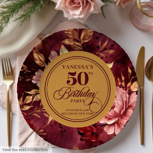 Elegant Boho Burgundy Blush Gold 50th Birthday Paper Plates