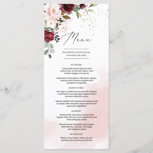 Elegant Boho burgundy blush pink floral greenery Menu (Front)