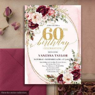 Elegant Boho Burgundy Blush Roses 60th Birthday Invitation