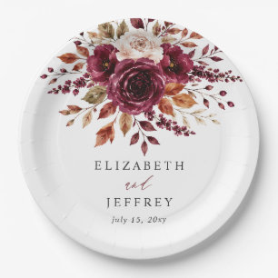 Elegant Boho Burgundy Fall Floral Wedding Paper Plates