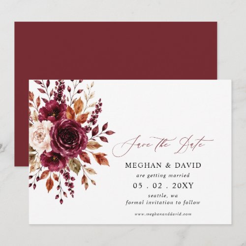 Elegant Boho Burgundy Fall Floral Wedding Save The Date