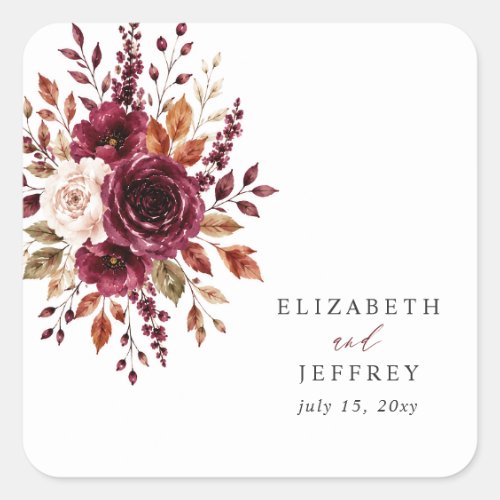 Elegant Boho Burgundy Fall Floral Wedding Square Sticker