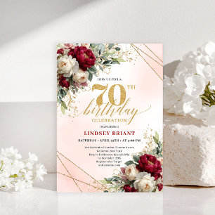 Elegant Boho Burgundy Floral 70th Birthday Invite