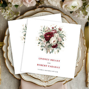 Elegant Boho Burgundy Floral Eucalyptus Gold Paper Dinner Napkins