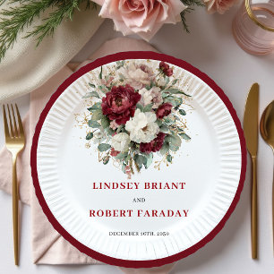 Elegant Boho Burgundy Floral Eucalyptus Gold Plate