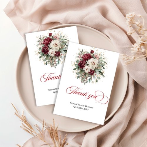 Elegant Boho Burgundy Floral Eucalyptus Thank You  Card