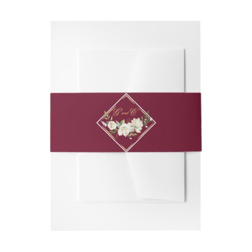 Elegant Boho Burgundy Floral Gold Wedding Monogram Invitation Belly Band