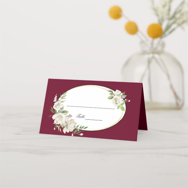Elegant Boho Burgundy Floral Gold Wedding Monogram Place Card (Front)
