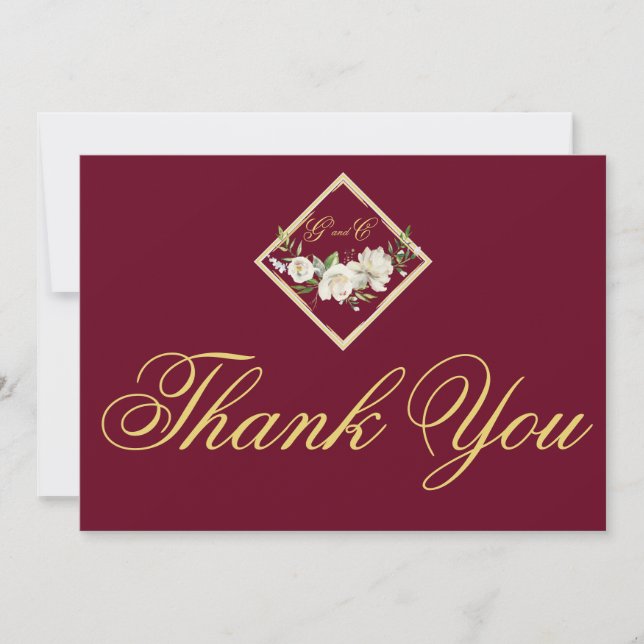 Elegant Boho Burgundy Floral Gold Wedding Monogram Thank You Card (Front)