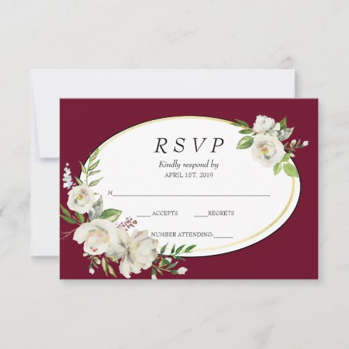 Elegant Boho Burgundy Floral Gold Wedding RSVP