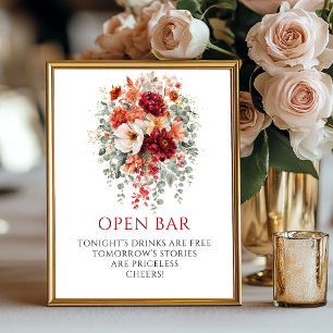 Elegant Boho Burgundy Floral Open Bar 8x10 Sign