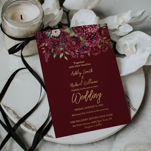 Elegant Boho Burgundy Formal Floral Wedding Foil Invitation (Creator Uploaded)
