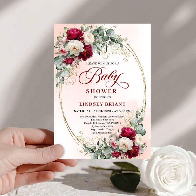 Elegant Boho Burgundy Gold Baby Shower Invitation (Elegant Boho Burgundy Gold Baby Shower Invitation)
