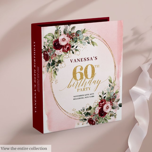 Elegant Boho Burgundy Gold Floral 60th Birthday  3 Ring Binder (Elegant Boho Burgundy Gold Floral 60th Birthday Album)