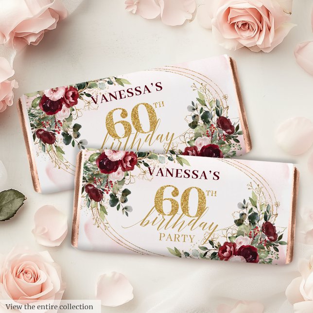 Elegant Boho Burgundy Gold Floral 60th Birthday   Hershey's Miniatures (Elegant Boho Burgundy Roses 60th Birthday Candy Favor

)