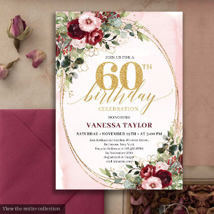 Elegant Boho Burgundy Gold Floral 60th Birthday Invitation