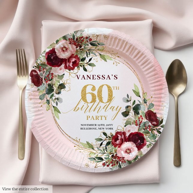 Elegant Boho Burgundy Gold Floral 60th Birthday   Paper Plates (Elegant Boho Burgundy Gold Floral 60th Birthday Plates)