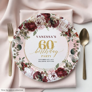 Elegant Boho Burgundy Gold Floral 60th Birthday Paper Plates