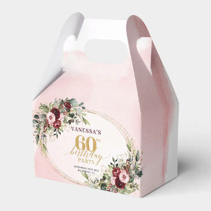Elegant Boho Burgundy Gold Floral 60th Favor Box