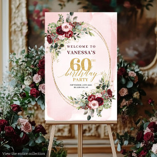 Elegant Boho Burgundy Gold Floral 60th Welcome Foam Board