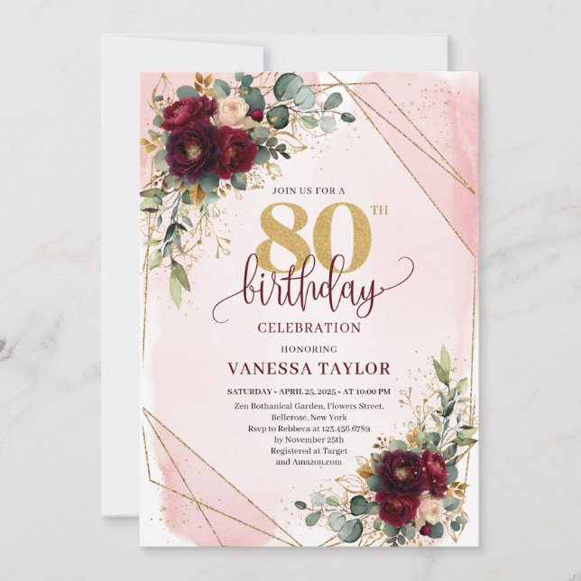 Elegant Boho Burgundy Gold Roses 80th Birthday  Invitation (Front)