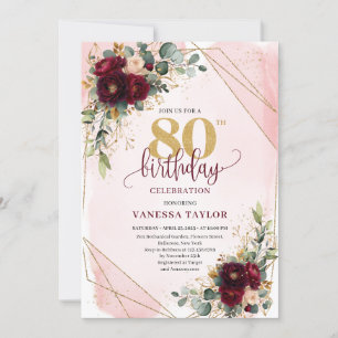 Elegant Boho Burgundy Gold Roses 80th Birthday Invitation