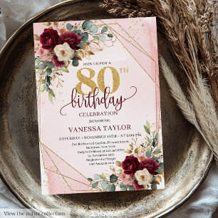 Elegant boho burgundy gold roses 80th birthday invitation