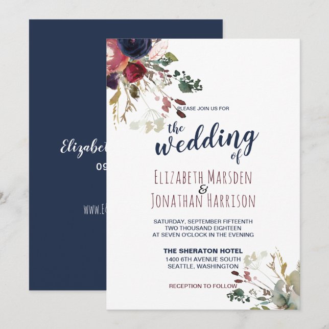 Elegant Boho Burgundy Navy Blue Floral Wedding Invitation (Front/Back)