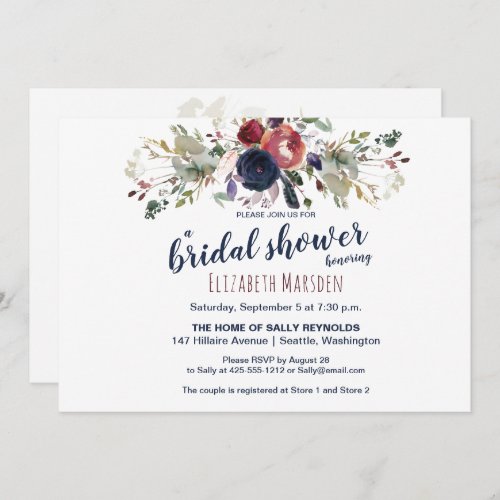 Elegant Boho Burgundy Navy Floral Bridal Shower Invitation