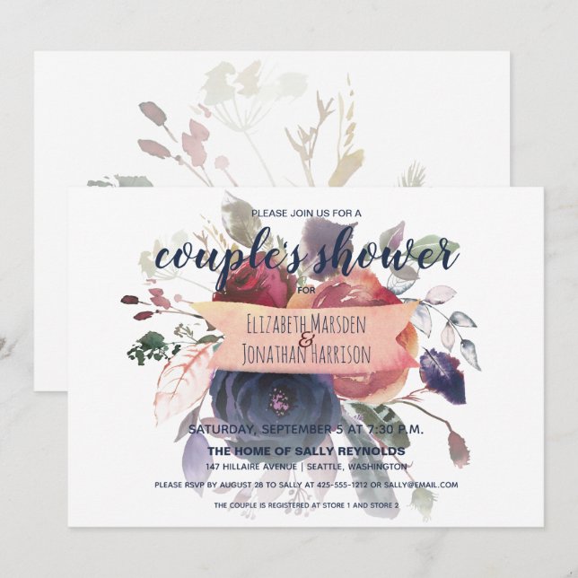 Elegant Boho Burgundy Navy Floral Couple's Shower Invitation (Front/Back)